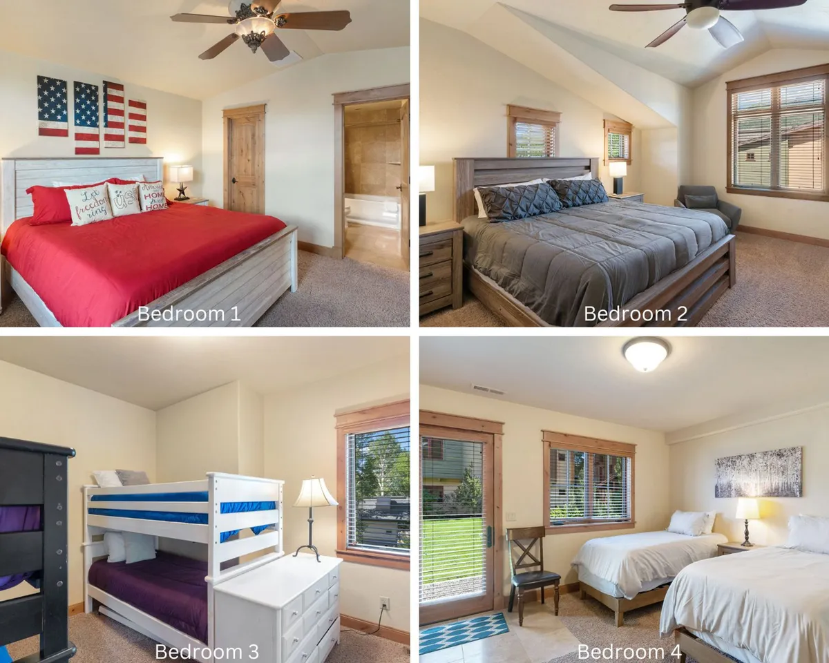 A cozy bedroom featuring a full bed with vibrant red bedding, a bunk bed ideal for children or extra guests, large windows letting in natural light, and decorative wall art adding personality to the room. The overall setting feels warm and inviting, perfect for both restful sleep and shared family moments.